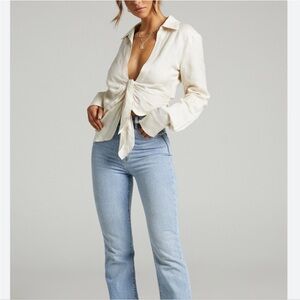 Lioness Valencia Giza Plunge Top Linen Blend Off White